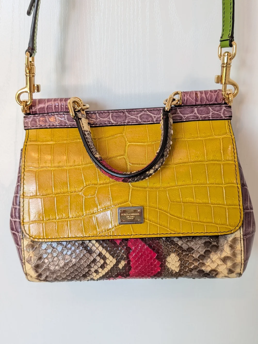 Dolce & Gabbana Small Yellow Croc-Embossed & Snakeskin Top-Handle Bag